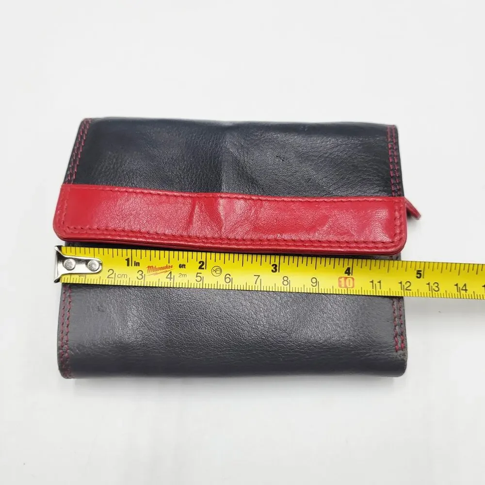 Red Gray & Black Colorblock Genuine Leather RFID Protection Tri-Fold Wallet